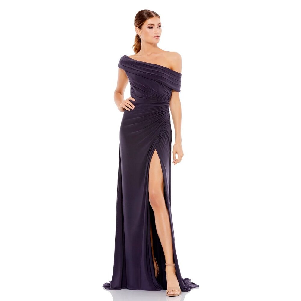 Ieena for Mac Duggal Foldover Off-the-Shoulder Slit Gown in Charcoal Size 10